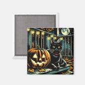 Zwarte kat en Jack-O-Lantern Halloween Magneet (Voorkant / Achterkant)
