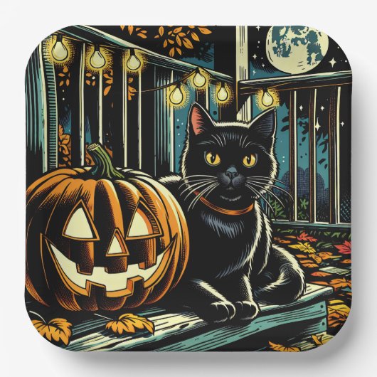 Zwarte kat en Jack-O-Lantern Halloween Papieren Bordje (Voorkant)
