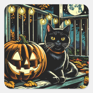 Zwarte kat en Jack-O-Lantern Halloween Vierkante Sticker