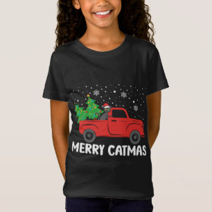 Zwarte kat en kerstboom, rode truc t-shirt