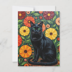 Zwarte Kat en Kleurrijke Volkskunst Bloemen Briefkaart