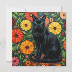 Zwarte Kat en Kleurrijke Volkskunst Bloemen Kaart