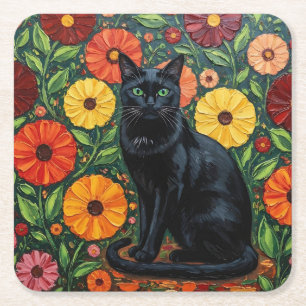 Zwarte Kat en Kleurrijke Volkskunst Bloemen Vierkante Kartonnen Onderzetter