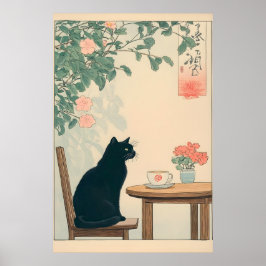 Zwarte Kat En Koffie Print Ukiyo-e Japandi Kunst