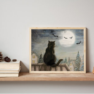 Zwarte Kat en Maan Poster