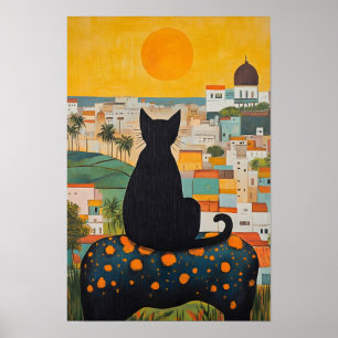 Zwarte Kat en Mooie Stad Poster