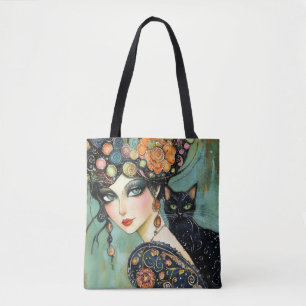Zwarte kat en mooie vrouw Canvas tas