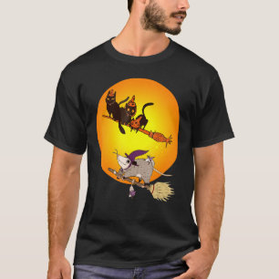 Zwarte Kat En Muis Rijden op Bezem Maan Halloween T-shirt