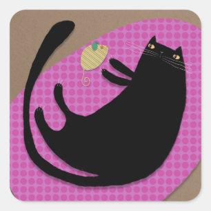Zwarte kat en muis vierkante sticker