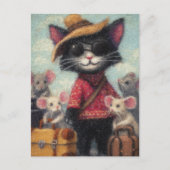 Zwarte kat en muizen op vakantie briefkaart (Voorkant)