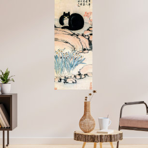  zwarte kat en narcis door Zhu Ling Poster