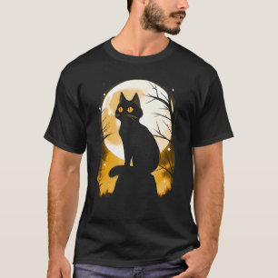 Zwarte Kat en Oranje Volle Maan Halloween Eenvoudi T-shirt