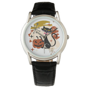 Zwarte Kat en Pompoen Atomic Retro Halloween T-Shi Horloge