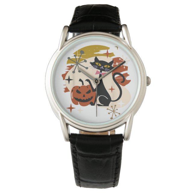 Zwarte Kat en Pompoen Atomic Retro Halloween T-Shi Horloge (Voorkant)