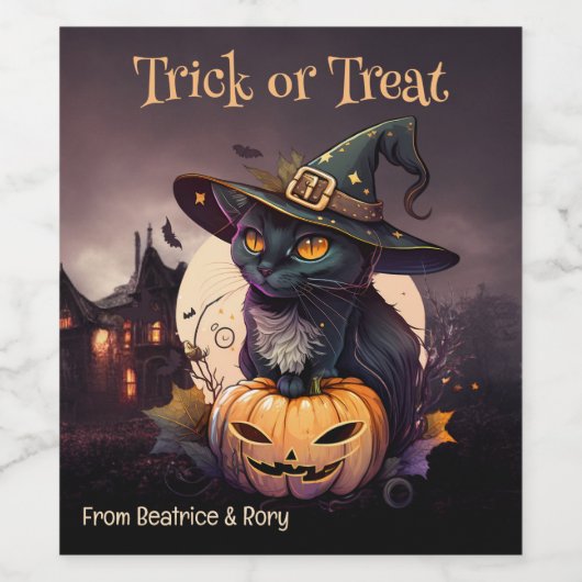 Zwarte Kat en Pompoen Halloween Feestuitnodiging Wijn Etiket (Enkel label)