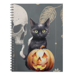 Zwarte kat en pompoen Notitieboek voor Halloween