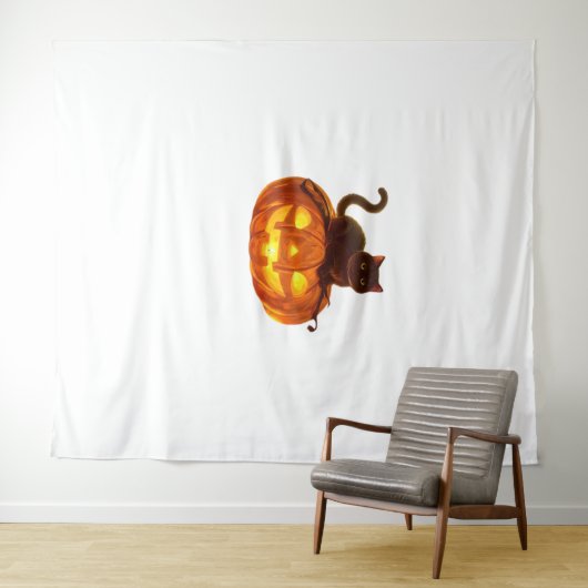 Zwarte kat en pompoen - Spooky Halloween Magic Cla Wandkleed (In Situ (horizontaal))