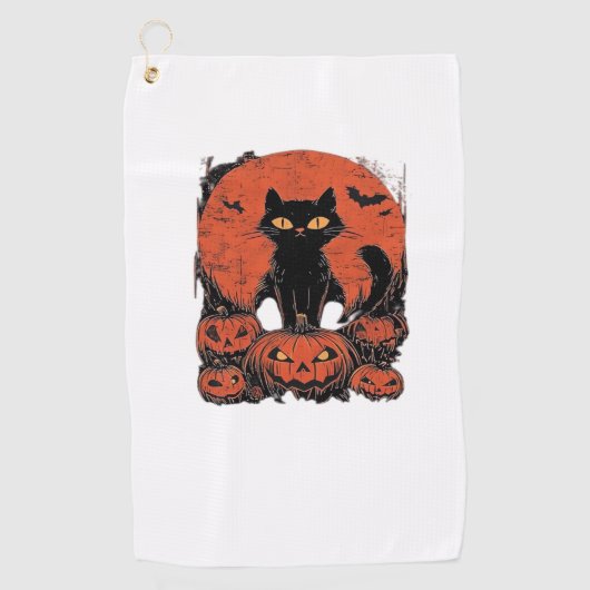 Zwarte kat en pompoenen - Halloween T-shirt Art Cl Golfhanddoek (Voorkant)