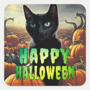 Zwarte kat en pompoenen vierkante sticker
