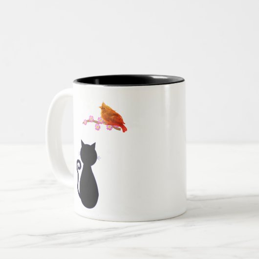 Zwarte kat en rode vogel tweekleurige koffiemok (Voorkant links)