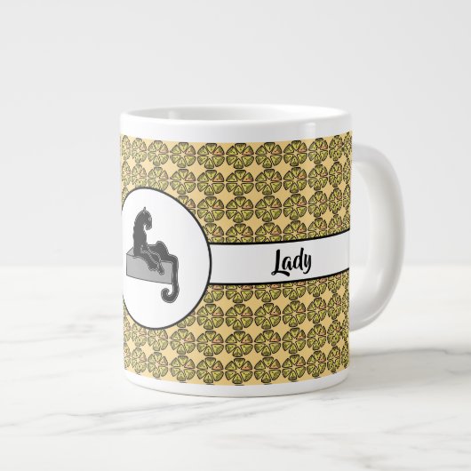 Zwarte kat en roze bloemen geel extra grote beker (Voorkant rechts)