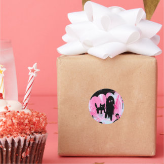 Zwarte kat en roze hart geest ronde sticker