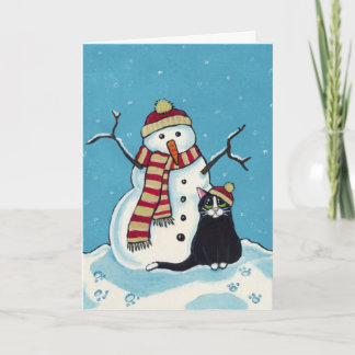 Zwarte kat en sneeuwman kerst Kaart