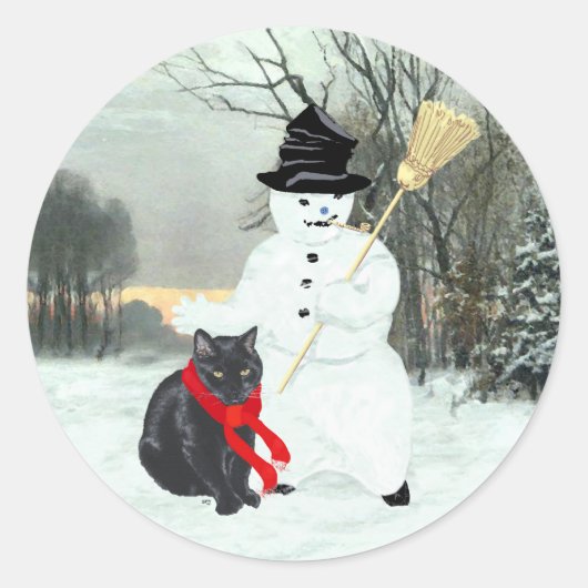 Zwarte kat en Snowman Ronde Sticker (Voorkant)