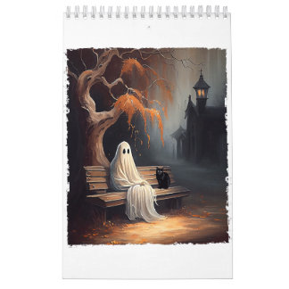Zwarte kat en spook zittend op bank Halloween Dar Kalender