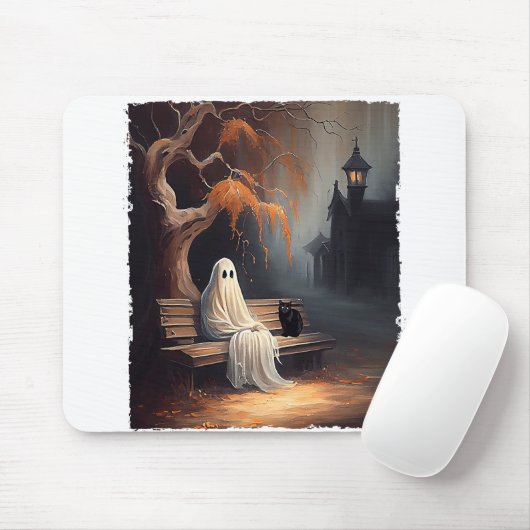 Zwarte kat en spook zittend op bank Halloween Dar Muismat (Met muis)