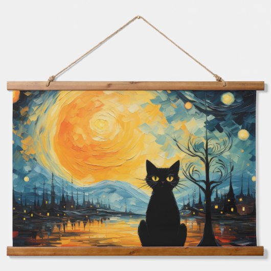 Zwarte Kat en Sterrennacht Hout Overdekt Wandtapij Hangend Wandkleed (Voorkant)