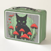 Zwarte kat en wilde rode bospaddenstoelen (Achterkant)