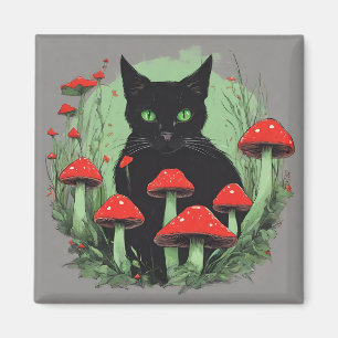 Zwarte kat en wilde rode bospaddenstoelen magneet