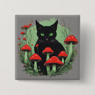 Zwarte kat en wilde rode bospaddenstoelen vierkante button 5,1 cm