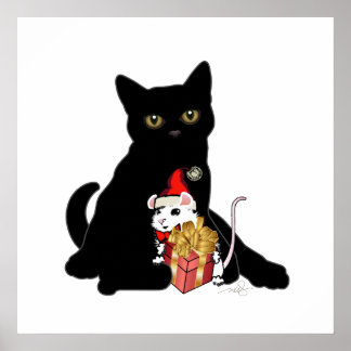 Zwarte kat en witte kerst bij de muis poster