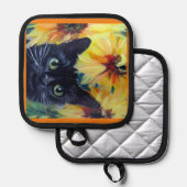 Zwarte kat en zonnebloemen Oven Mitts & Pot Houder (Voorkant / Achterkant)