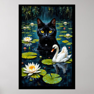 Zwarte kat en zwaan in een vijver gevuld met water poster