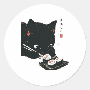 Zwarte Kat Eten Sushi - Kat Japanse Kunst Ronde Sticker