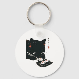Zwarte Kat Eten Sushi - Kat Japanse Kunst Sleutelhanger