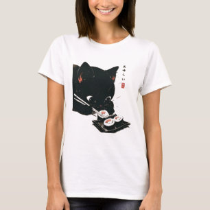 Zwarte Kat Eten Sushi - Kat Japanse Kunst T-shirt