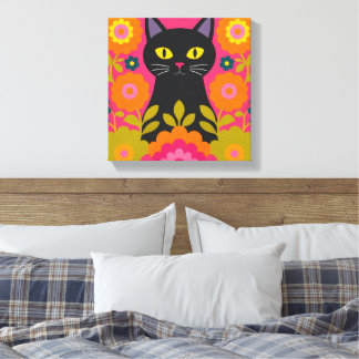 Zwarte Kat Folk Art Canvas Print Kleurrijk Scandin