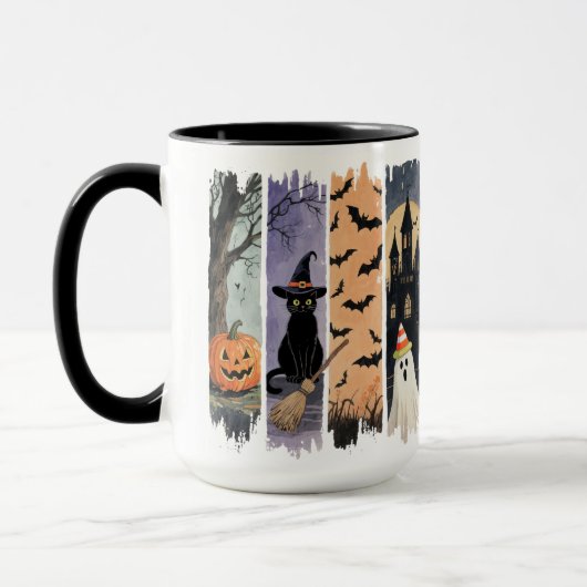 Zwarte kat, geest, pompoen, vleermuizen en spookhu mok (Links)