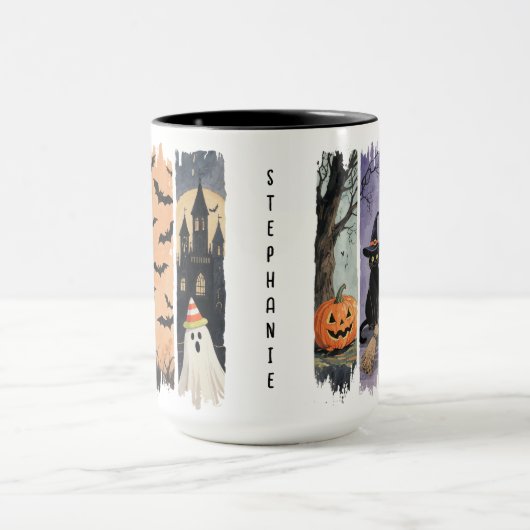 Zwarte kat, geest, pompoen, vleermuizen en spookhu mok (Midden)