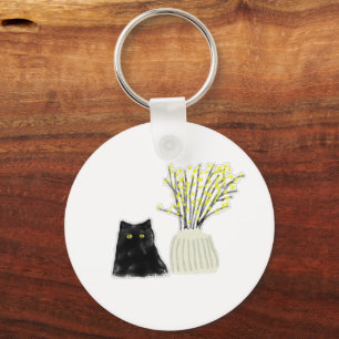 Zwarte Kat Gele Bloemen Vaas Potlood Kunst Sleutelhanger