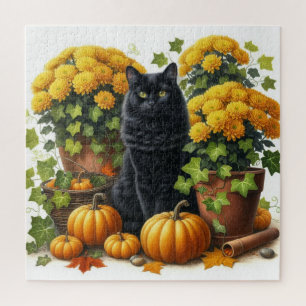 Zwarte Kat Gele Chrysanten Herfst Seizoen Puzzel
