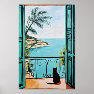 Zwarte Kat Genietend van de Mooie Zee Poster