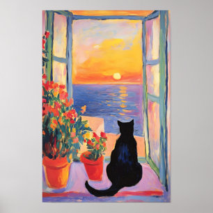 Zwarte kat genietend van het zeezicht poster