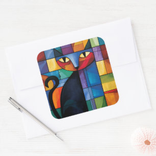 Zwarte kat geometrisch glas-in-lood raster vierkante sticker