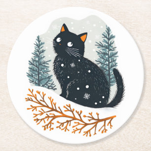 Zwarte kat gezellige wintersneeuw ronde kartonnen onderzetter