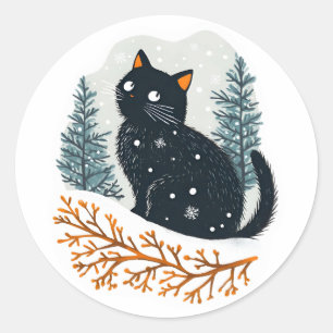 Zwarte kat gezellige wintersneeuw ronde sticker